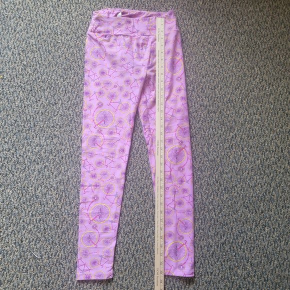 OS LuLaRoe Soft Stretchy Leggings Pink Purple Bicycle Print Leggings One Size - Picture 2 of 7